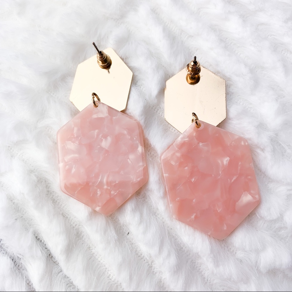 SOLD - Pink Polygon Acrylic Statement Earrings - Picture 2 of 3